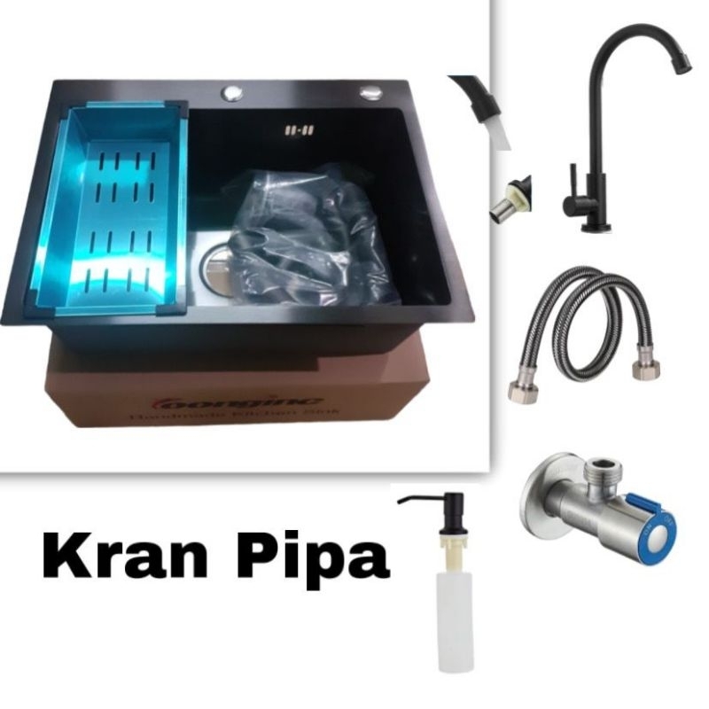 Paket Lengkap Kitchen sink 6045 BLACK Bak cuci piring Hitam stainless SUS 304