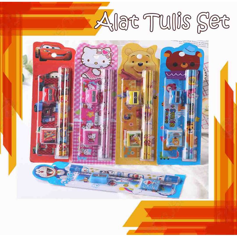 

Alat tulis set 5 in 1 pensil pulpen penggaris pen raut rautan peraut penghapus setip stip