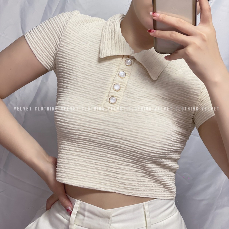 Crop Top Kerah Kancing Wanita / Crop Button Kekinian / Croptop Korean Knit Rib 4041