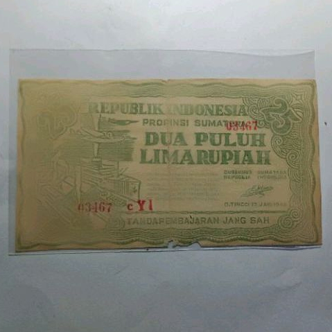 Uang Kuno ORIDA 25 Rupiah Bukittinggi 1948 VF Hijau Jarang
