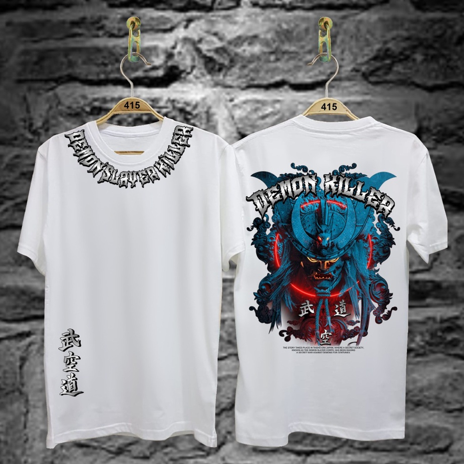 Kaos Tshirt Pria Terbaru Samurai Jepang Demon Killer Warna Putih Distro Lengan Pendek Motif Sablon Bergambar Keren