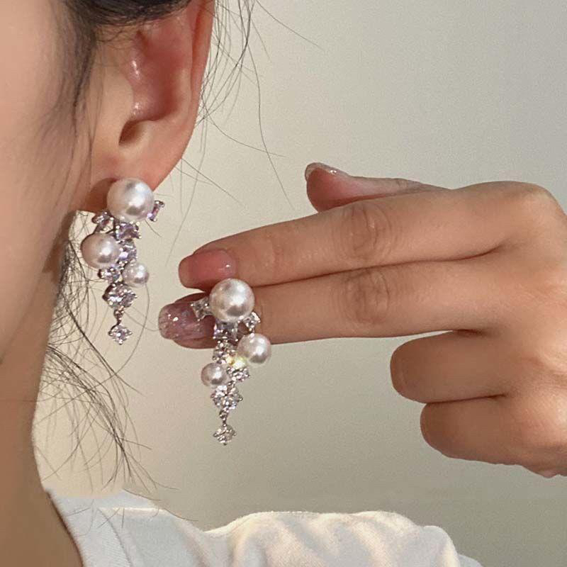 Anting E392 925 silver Korean fashion tassel asymmetrical earrings