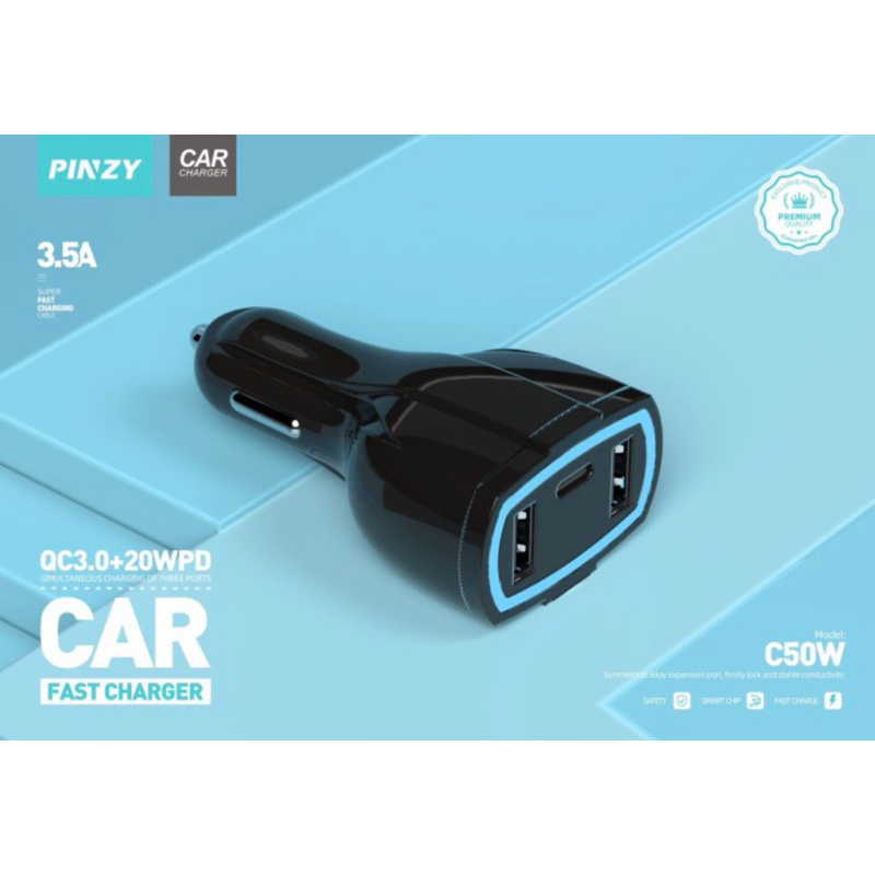 Saver Mobil- Saver PINZY C50w QC3.0+20W PD Car Charger 2 Port USB 3.5A Free Kabel -