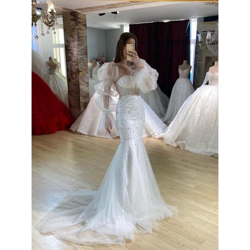 Gaun pengantin mewah/gaun pernikahan/wedding dress/akad/gaun pengantin duyung/gaun pengantin putih