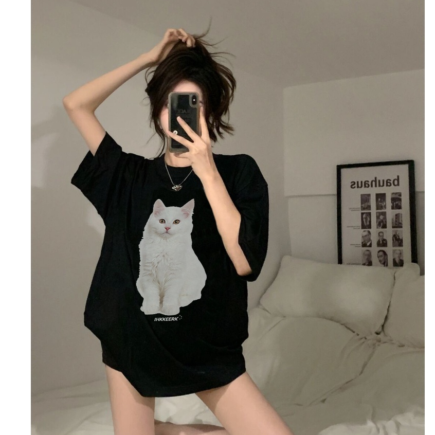 kaos hitam oversize wanita american retro cartoon cat motif printed t-shirt lengan pendek kaos atasan wanita