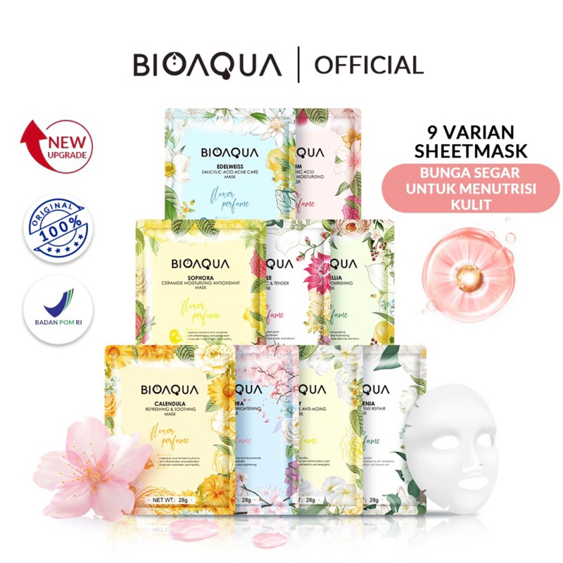 Bioaqua Sheet Mask Masker Wajah Flowers Series (28gr/pcs) Hydrating Essence Face Mask Brightening dan Anti Acne