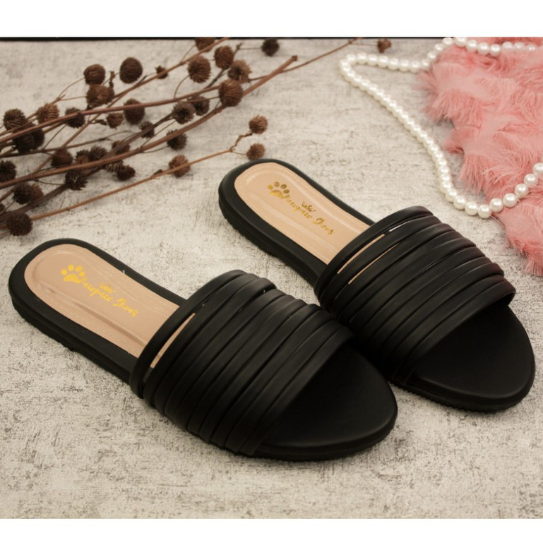 SANDAL WANITA KIMMY FLAT BLACK BIG SIZE 41 42 43 44 45 PAWPAW