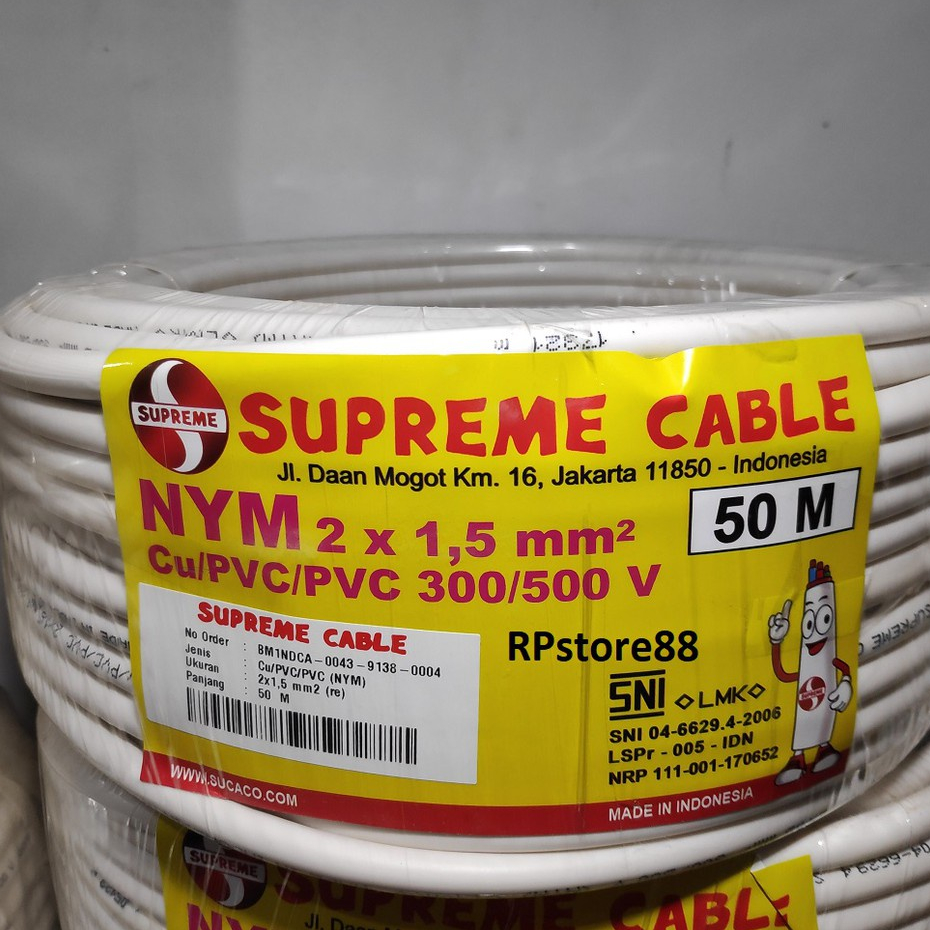 Kabel Listrik Kawat Engkel Tembaga SUPREME Nym 2x1.5 2x1,5 SUPREME 50M Standard SNI PLN
