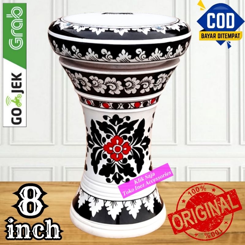 Kendang Atau Darbuka Kayu 8 inch Putih Hitam Rolling Putih