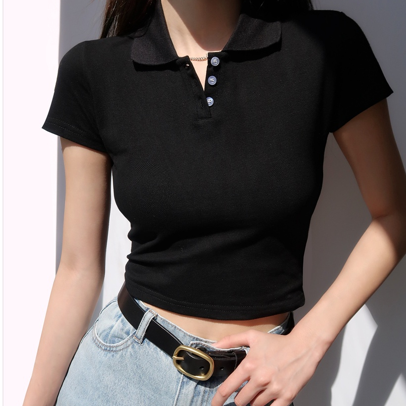 [Premium] Korean Plain Solid  Short Sleeve Polo Crop Top 7028 S/M/L