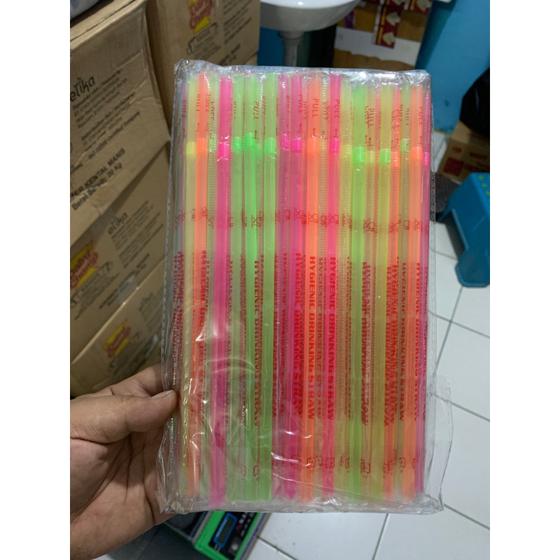 Sedotan Bengkok Bungkus Plastik Warna Warni / Sedotan Neon isi 100pcs Steril