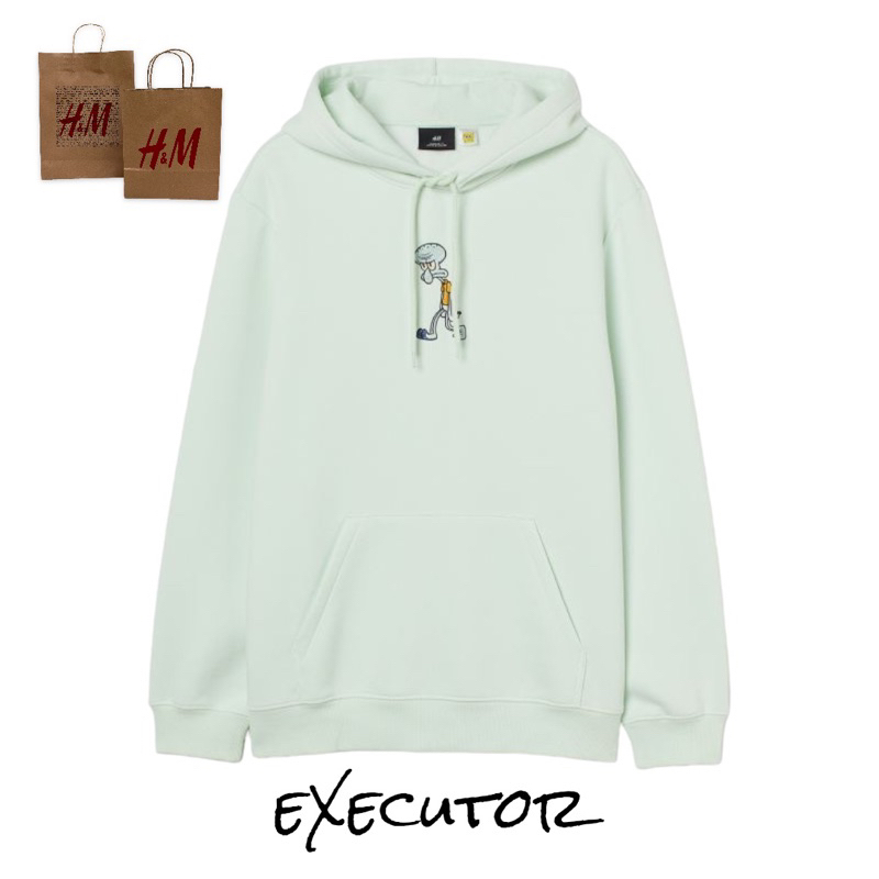 ( 8.8 ) Hoodie H&amp;M Unisex Squidward Bordir Green Mint, Flecee Katun Lembut Tebal, Free Papperbag