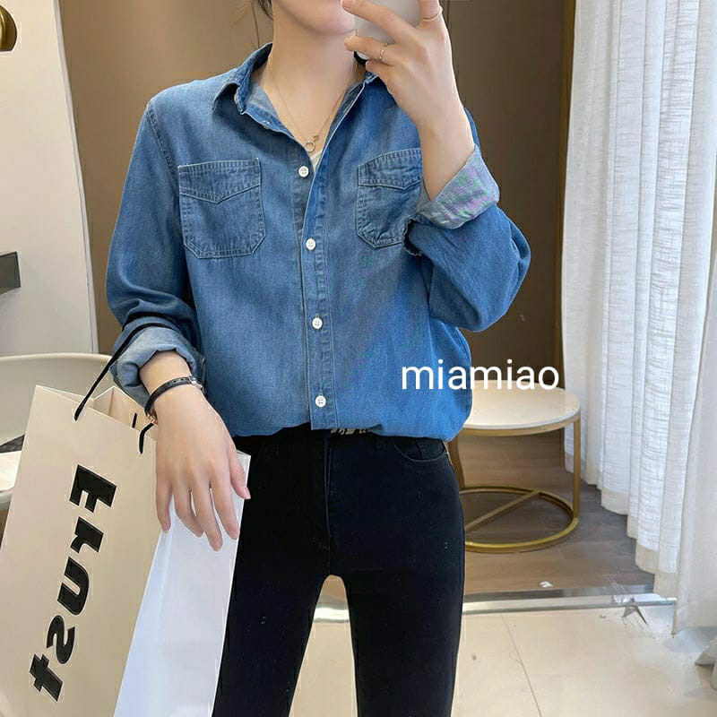 Kemeja Denim Jeans Wanita - Kemeja Oversize Lengan Panjang Bahan Lembut