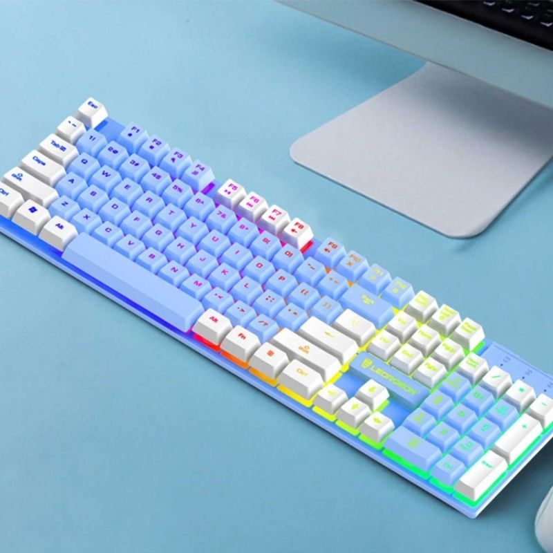 LEORQEON Gaming Keyboard RGB Backlight Mechanical Feel Waterproof - N35 Blue White