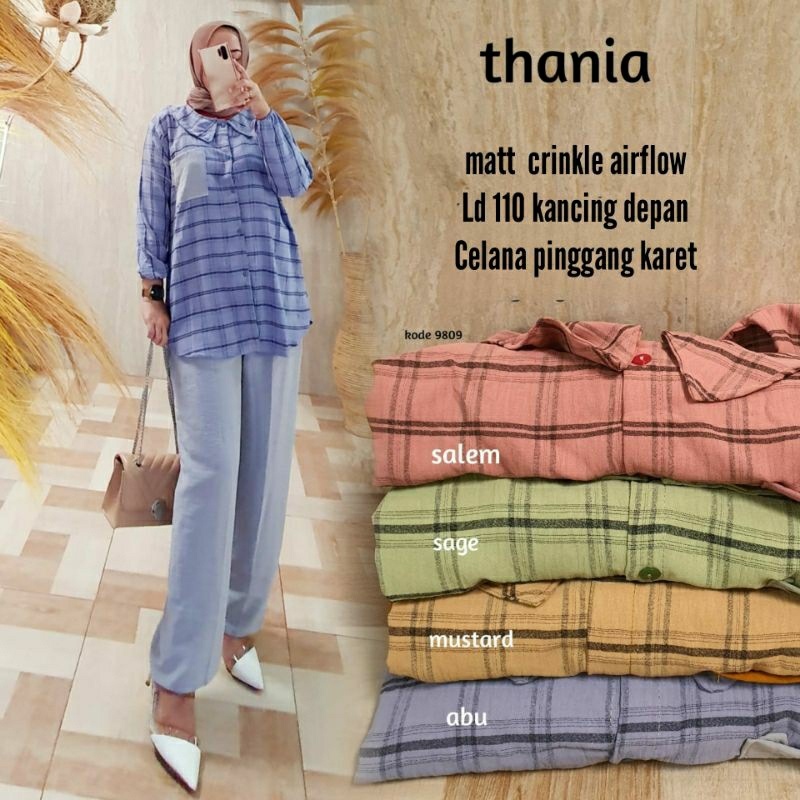 Thania Set Kemeja Crinkle Airflow Motif Kotak / Setcel Cringkel Terbaru
