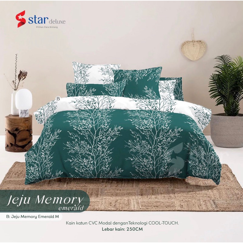 Set Bedcover Sprei Katun Motif Star Jeju memory emerald mix putih