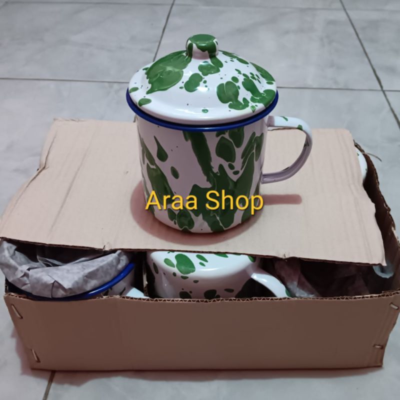 Mug Cangkir Tutup Enamel Blirik Lurik Kembang 10cm Fortuna / TB ESSENTILS Gelas Gagang Muk Teh Jadul