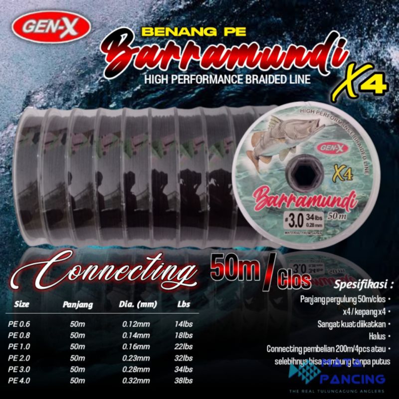 Benang Pancing PE Gen-X Barramundi x4 50m connecting solid colour baramundi