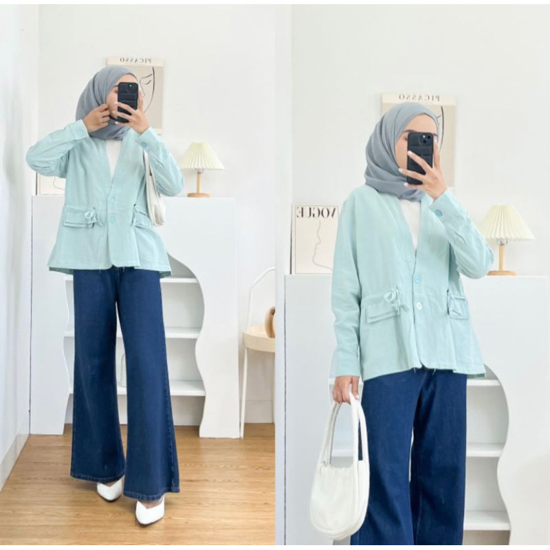 Tamstore Blazer Wanita Linen Aoki Outer Korean Style Kancing Depan Tali Serut