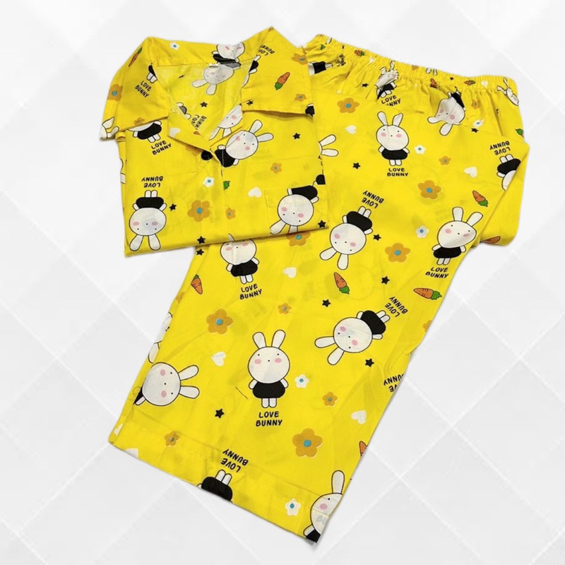 LOVE BUNNY KUNING BIRU piyama baju tidur bisa couple ibu dan anak lucu  katun celana panjang