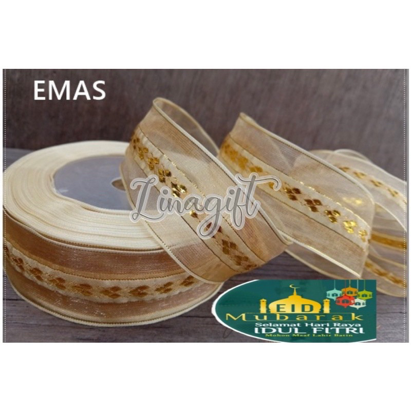 ( Meter ) ORGANDY GOLD BORDER RIBBON - PITA ORGANDI ORGANZA BORDER EMAS EDISI LEBARAN IDUL FITRI HAPPY IDUL ADHA EID MUBARAK HIASAN KADO PARSEL PARCEL HAMPERS SNACK SOUVENIR