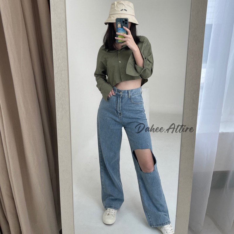 Mona Jeans - Celana Ripped Jeans Wanita Highwaist Loose Jeans