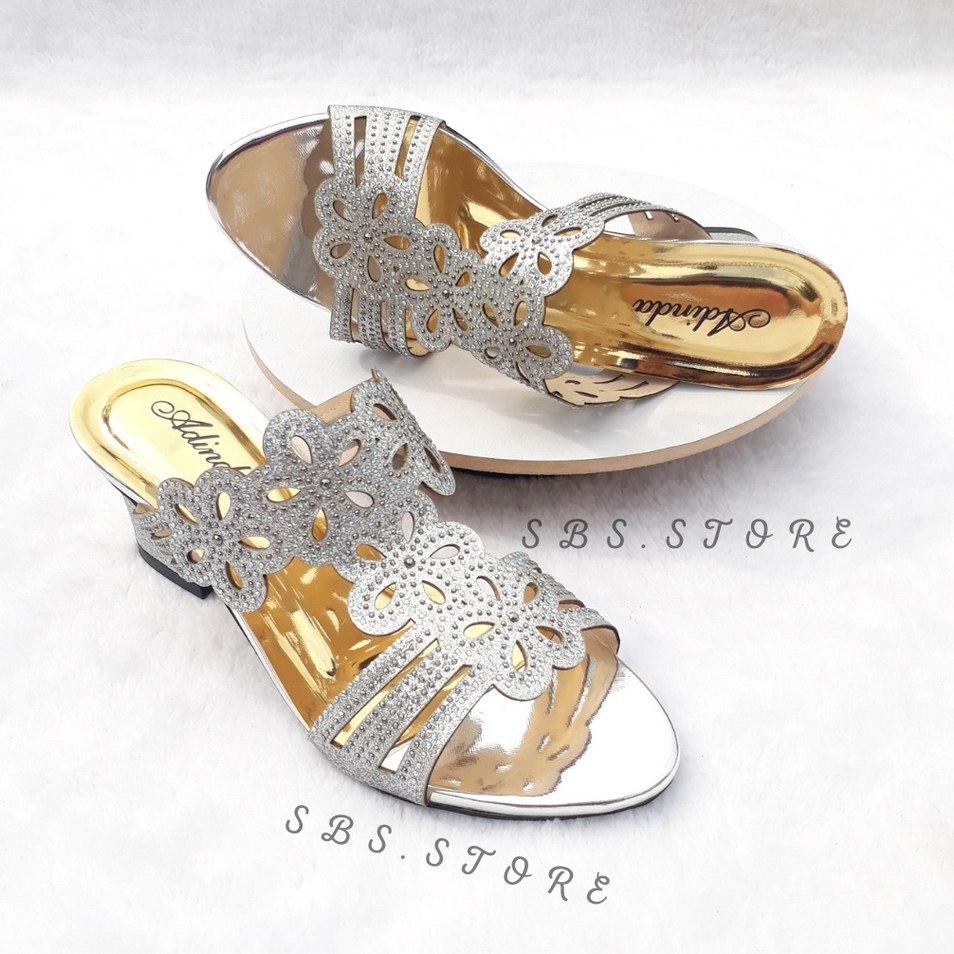 Sandal Pesta Wanita High Heels Mewah Motif Payet 06 Terbaru/Sendal Selop Wedges Hak Tahu 5cm Kekinian/Kondangan Pernikahan Pengantin