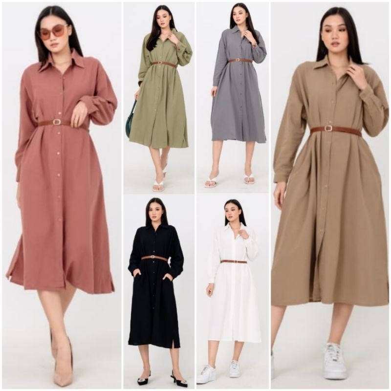 ❣️ SPECIAL PRICE ♡ PREMIUM ♡ ORIGINAL ! RACHELLY TUNIK BIG SIZE COLLAR BUTTON MIDI DRESS WITH BELT ( BUSUI BUMIL HIJAB FRIENDLY )