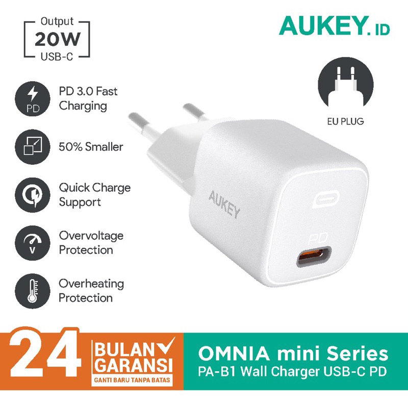 grosir batok Charger Aukey PA-B1 Omni Mini Series USB-C PD 3.0 20W pd fast charging by smoll