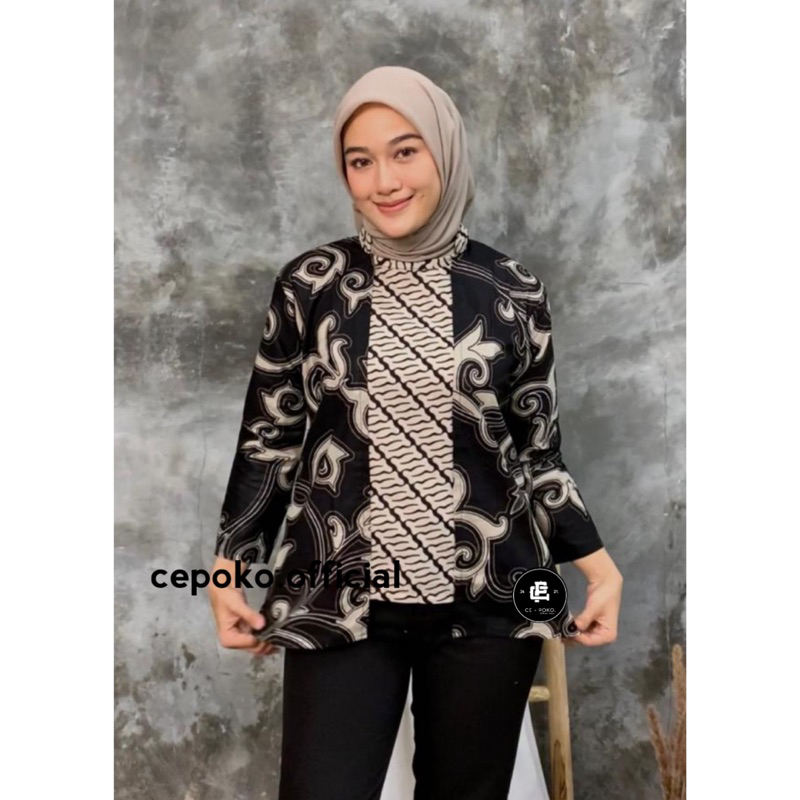 Blouse Batik Kerja Wanita Motif Kangkung Hitam