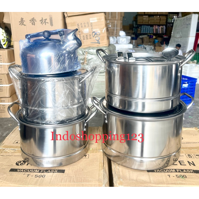 Panci Stockpot Steamer Set Stainless Tebal 22/24/26/28CM - Panci Set Steamer Kukus Dengan Tutup Stainless Steel - Panci Dandang Kukus Siomay Rebus Serbaguna