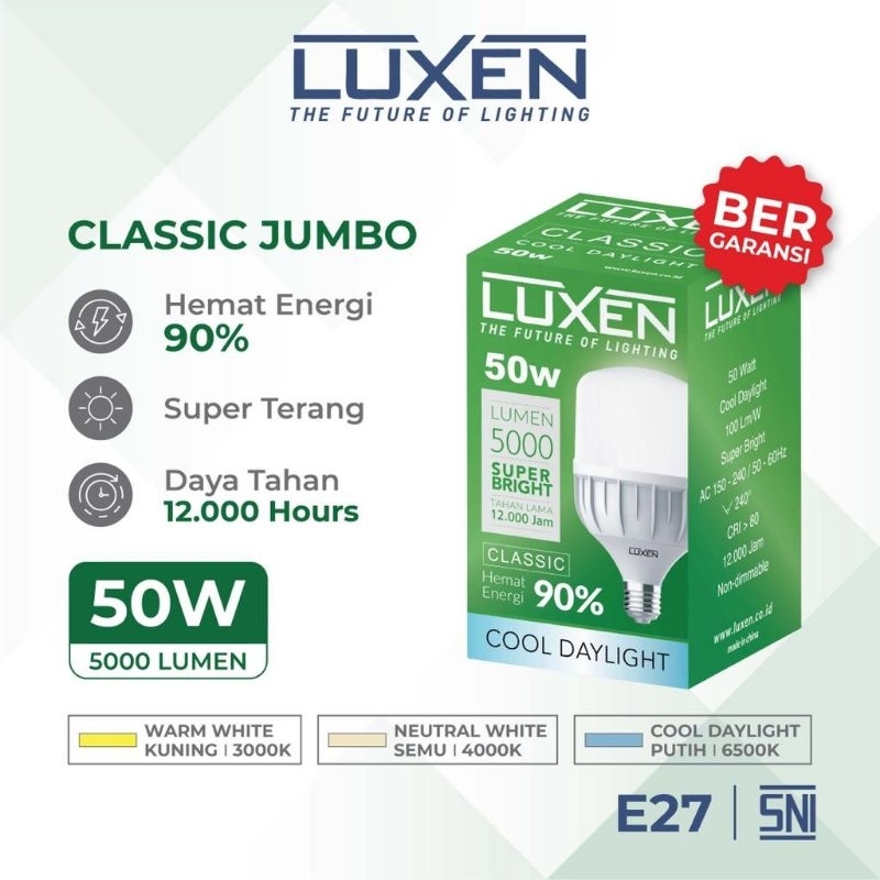 Lampu led 50 watt luxen classic garansi hemat energi cahaya terang