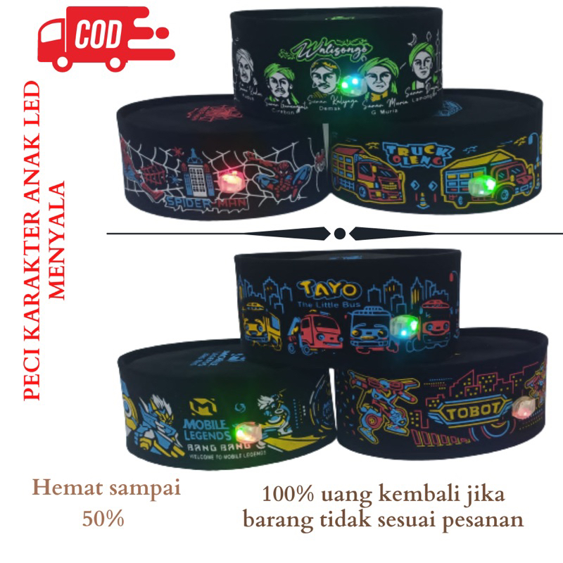 peci songkok/ songok karakter menyala/ peci karakter menyala/ peci karakter led/ songkok led anak / 