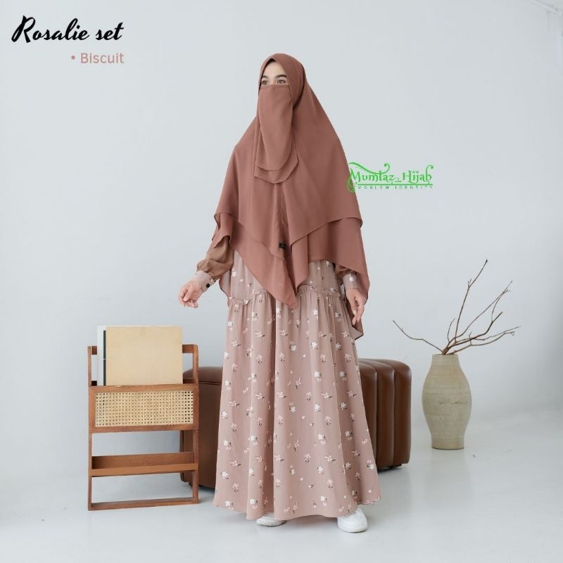 (Sisa Biscuit L) Gamis Set Rosalie By Mumtaz Hijab | Gamis Motif Bunga Flowery Set Jilbab Ceruty Dou