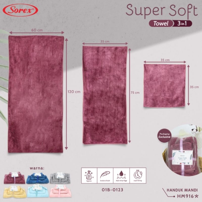 Sorex Handuk Mandi Dewasa  HM 916   supersoft Towel 3in1 Motif polos Lembut Daya Serap Tinggi