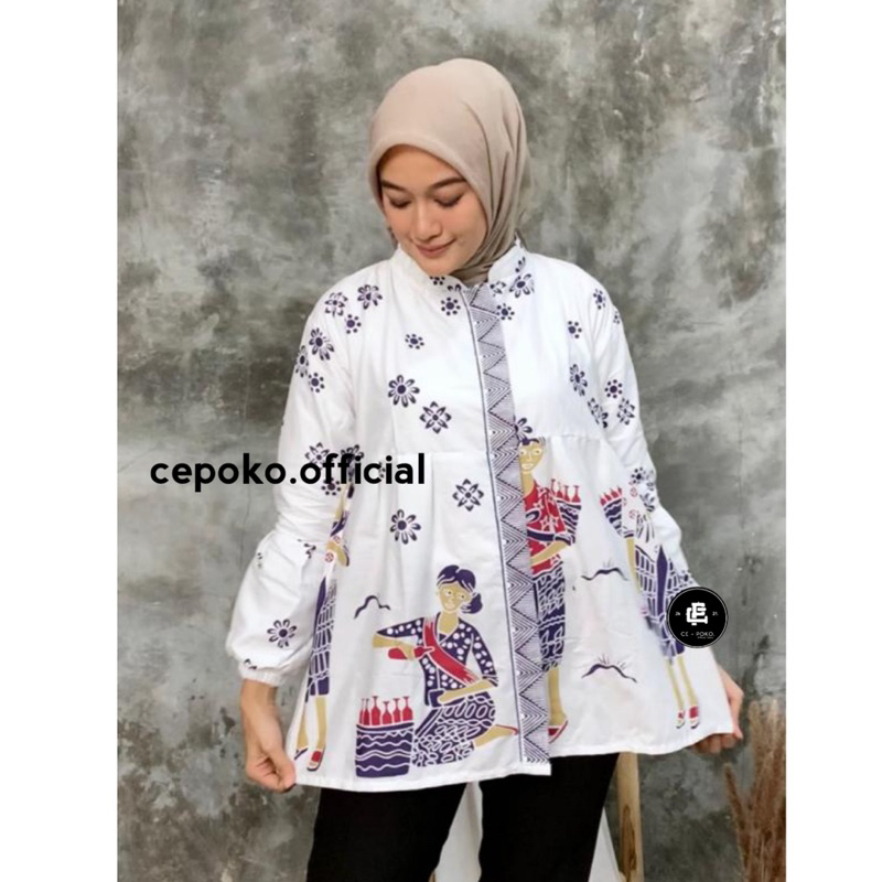 Blouse Batik Motif Mbok Jamu Baju Batik Wanita Kerja Lengan Balon Katun HRB 026 Modern Kekinian