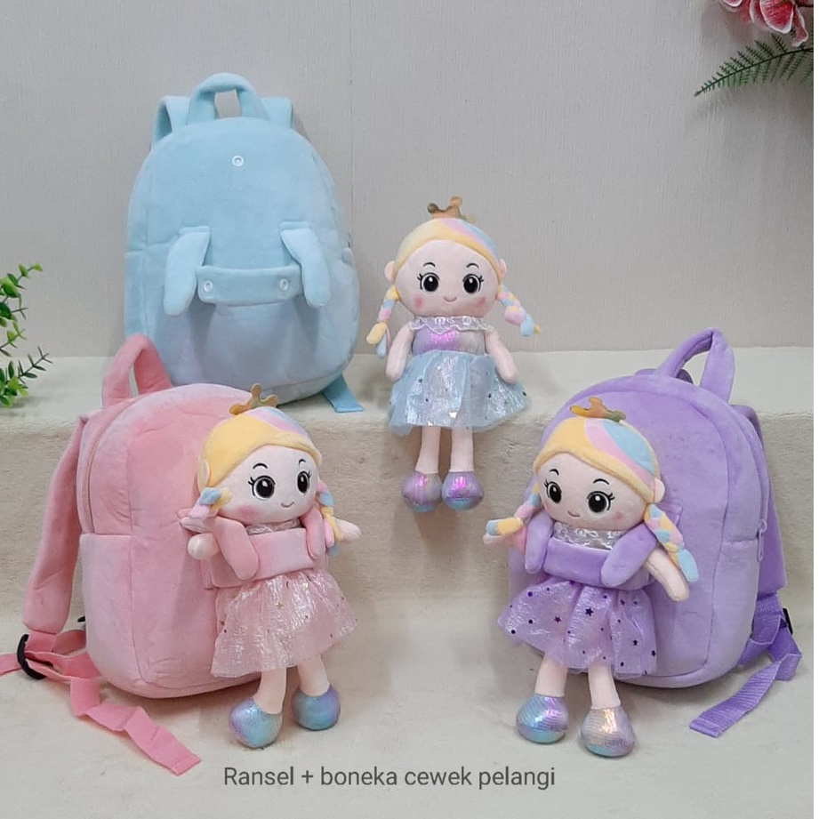 Ransel Boneka Mermaid Size 24cm/bagpack anak lucu/tas boneka lepas/ransel putri duyung/Tas cewe pelangi/