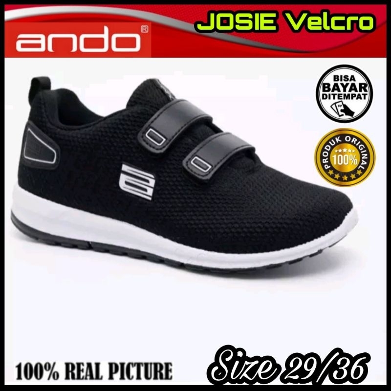 Sepatu Sekolah Anak Cewek Cowok Ando Velcro Kreketan Tanpa Tali Hitam Putih Size 29-32 Original