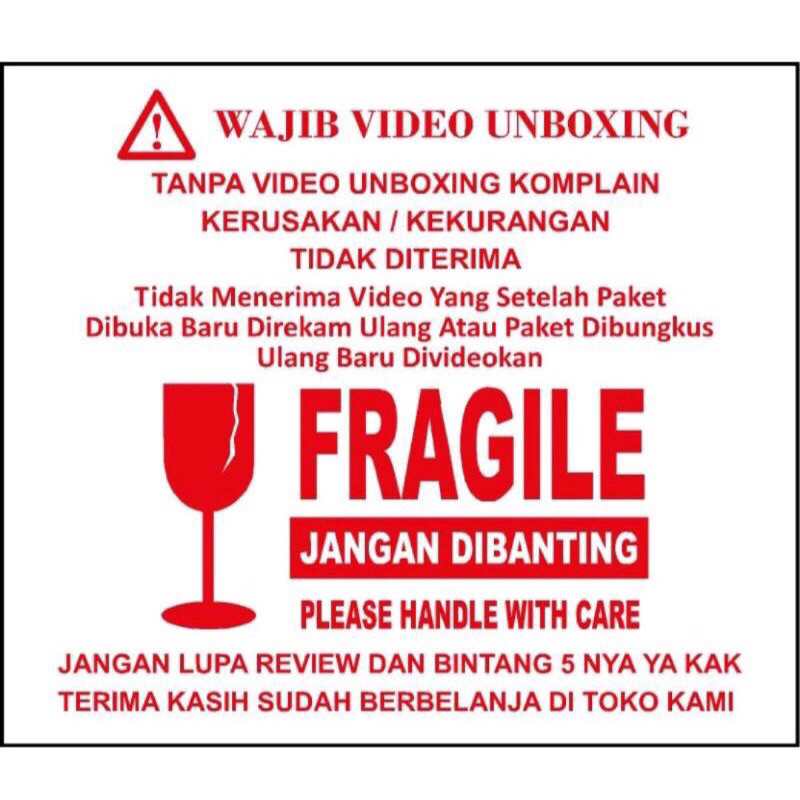 STIKER ONLINE SHOP PAKET FRAGILE UNBOXING GEN2 uk 5 x 4 cm isi 100 pcs