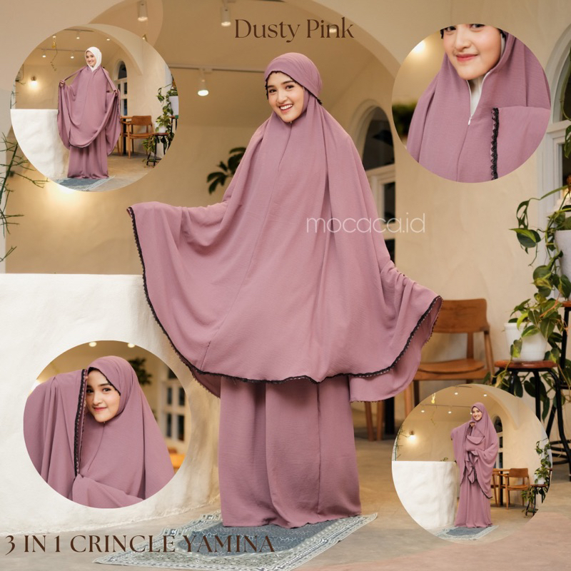 Mukena Dewasa 3 in 1 Jumbo Crincle Yamina Ironless Sleting Dagu ponco free tas travelling pouch renda hitam - dusty pink