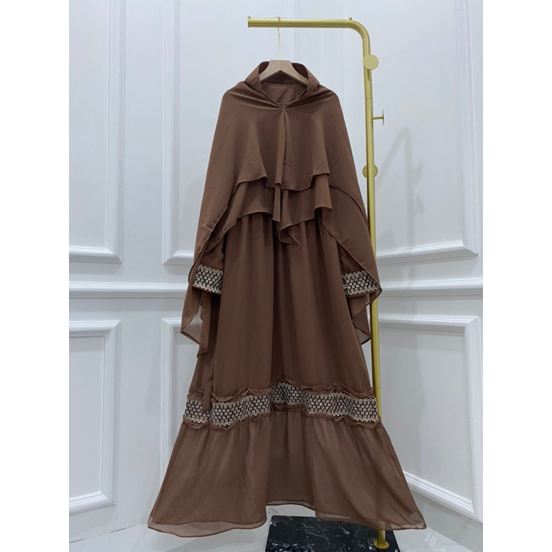 Gamis Syari Ceruty Mix Renda Depan dan Tangan Syari Busui Set Khimar Lebaran keluarga family couple Dizzah