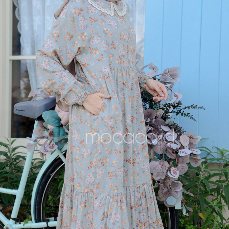 Gamis rumahan renda depan busui rayon premium - motif shabby green pastel