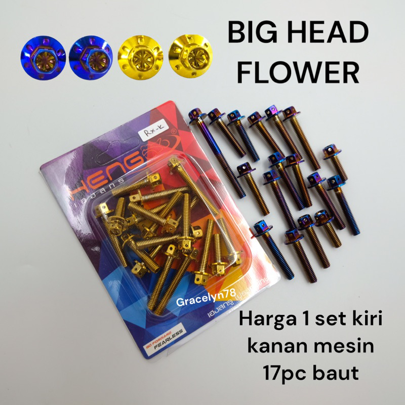 BIG HEAD FLOWER baut PROBOLT mesin kiri kanan rxking rx king rxz by HENG gold dan blue burn