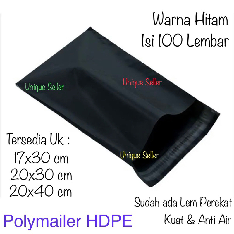 Polymailer Hitam HDPE Glossy Uk 17x30 20x30 20x40 cm isi 100 Lembar / Plastik Polymailer Hitam 17x30cm 20x30cm 20x40cm / Polimailer Hitam HD Uk 17 20 / Polymailer PE Hitam 17x30 20x30 20x40 cm