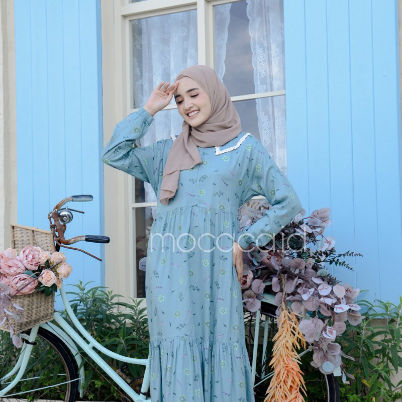 Gamis rumahan renda depan busui rayon premium - motif dust blue clove