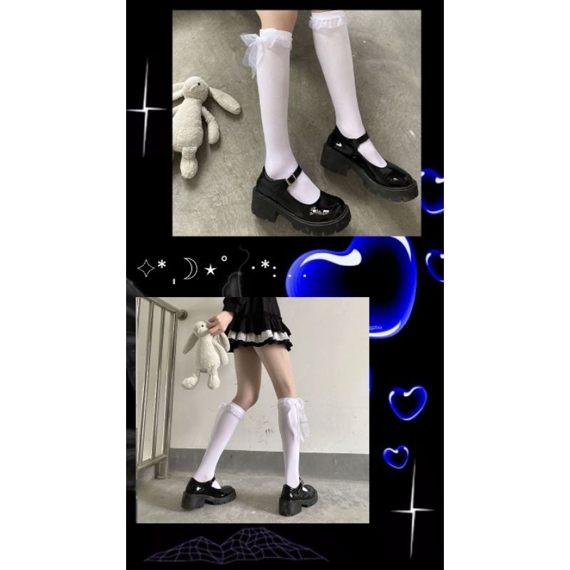 [MikanHiro Store] Kaos Kaki Stoking Transparan Selutut Renda Cute Lolita Japan Cosplay spring and autumn velvet Japanese Lolita black and white tube socks girl lolit a strap lace bow jk calf