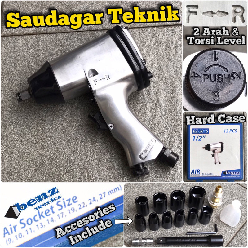 Air Impact Wrench Set 1/2 Inch Twin Hammer Bor Impact Alat Buka Baut Roda Ban Mobil CVT Motor