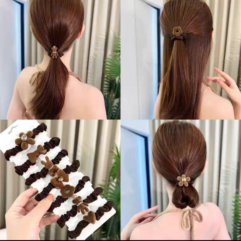 Ikat Rambut Scrunchie Korea Lembut Aksen Motif /Scrunchie Bandul Motif Warna Cokelat Kuncir Rambut Ponytail Anak Korean Faux Fur Hair Ties