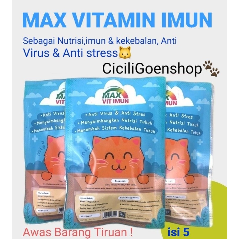 MAX VITAMIN IMUNsuplemen kucing isi 5 ANTI VIRUS ANTI STRESS DAYA TAHAN TUBUH ANTIBODI imunitas