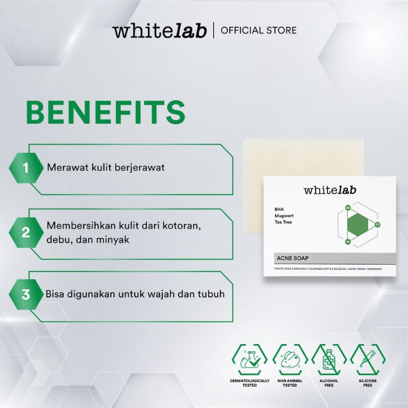 WHITELAB Acne Soap BHA + Tea Tree 80gr BPOM (Sabun Batang, Sabun Mandi, Sabun Wajah, Sabun Badan)